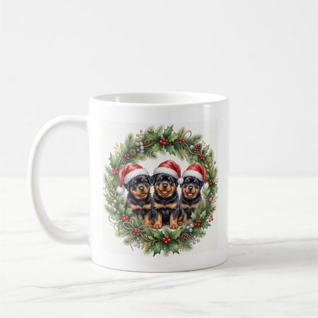 Adorable Puppy Rottweilers Christmas Mug (Left)