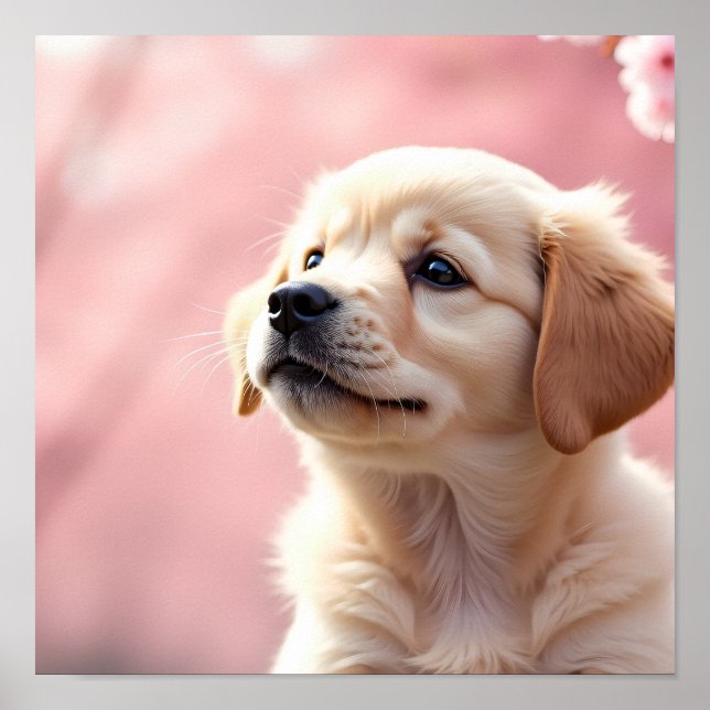 Adorable Puppy Sitting Under Blooming Cherry Trees Poster (Front)