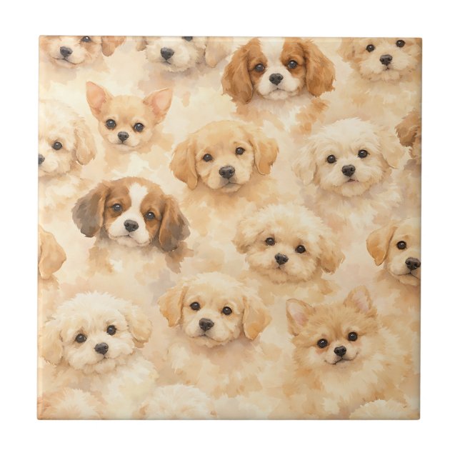 Adorable Puppy Watercolor Pattern (4) Ceramic Tile (Front)