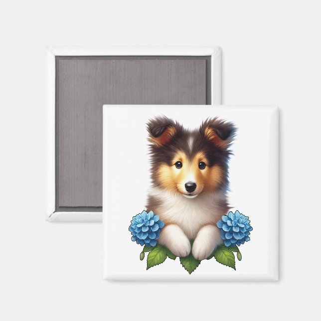 Adorable Puppy with Blue Flowers  Magnet (Front/Back)