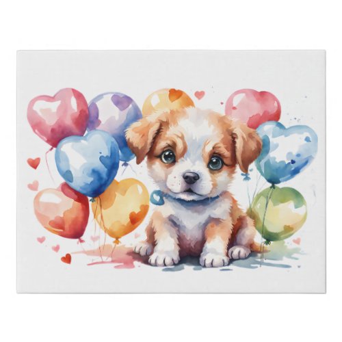 Adorable Puppy with Heart_Shaped Balloons Faux Canvas Print