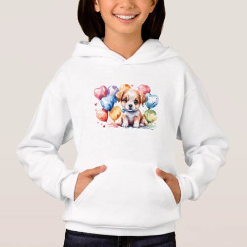 Adorable Puppy with Heart_Shaped Balloons Girls Hoodie