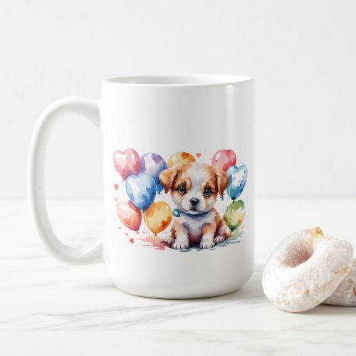 Adorable Puppy with Heart_Shaped Balloons Party Coffee Mug