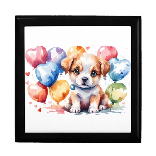 Adorable Puppy with Heart_Shaped Balloons Party Gift Box