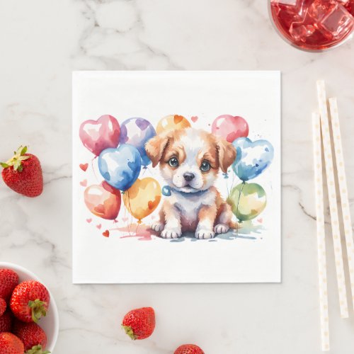 Adorable Puppy with Heart_Shaped Balloons Party Napkins
