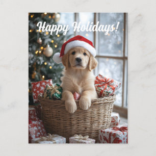 Adorable Puppy with Santa Hat in Basket Holiday Postcard