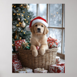Adorable Puppy with Santa Hat in Basket  Poster