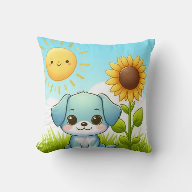 Adorable Puppy with Sunflower and Smiling Sun Throw Pillow (Front)