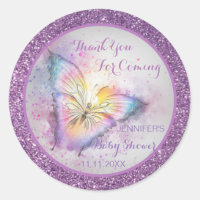 Adorable Purple Butterfly Thank You Baby Shower Classic Round Sticker