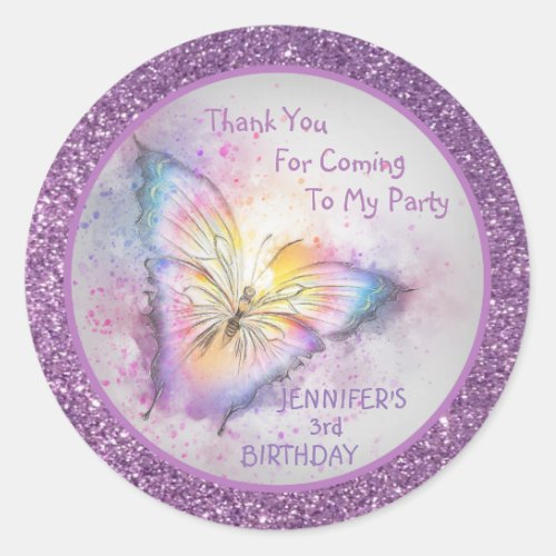 Adorable Purple  Butterfly Thank You Girl Birthday Classic Round Sticker