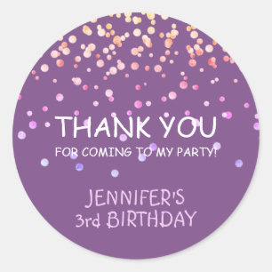 Adorable Purple Confetti Thank You Party Birthday Classic Round Sticker