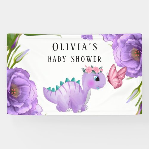 Adorable Purple Dinosaur Floral Baby Shower Banner