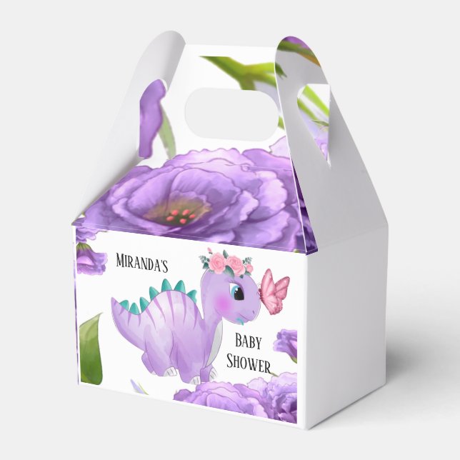 Adorable Purple Dinosaur Floral Baby Shower Favor Boxes (Front Side)