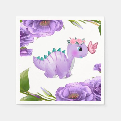 Adorable Purple Dinosaur Floral Baby Shower Napkin