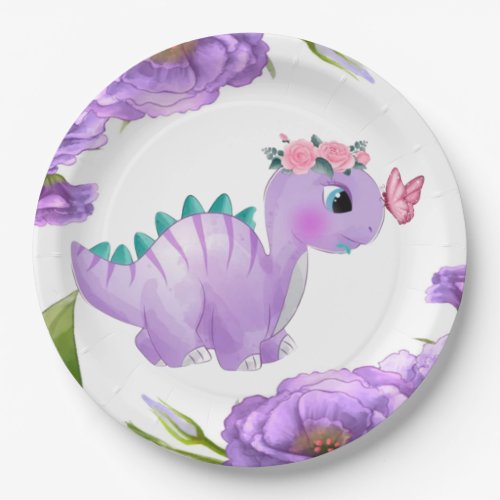 Adorable Purple Dinosaur Floral Baby Shower Paper Plates