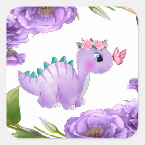 Adorable Purple Dinosaur Floral Baby Shower  Squar Square Sticker