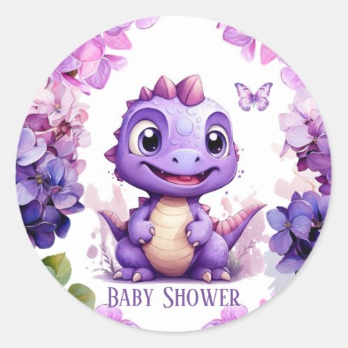 Adorable Purple Dinosaur Floral Girl Baby Shower Classic Round Sticker