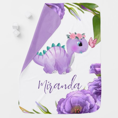 Adorable Purple Dinosaur Peony Flowers Custom Baby Blanket
