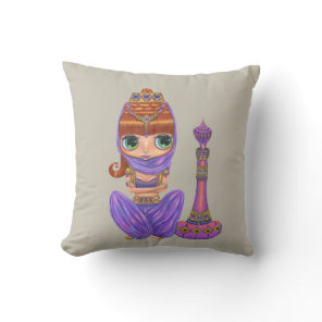 Adorable Purple Genie Girl Big Green Eyes Throw Pillow