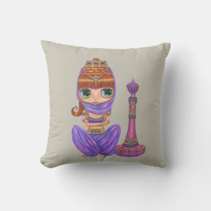 Adorable Purple Genie Girl Big Green Eyes Throw Pillow