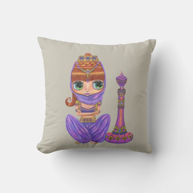 Adorable Purple Genie Girl Big Green Eyes Throw Pillow (Front)