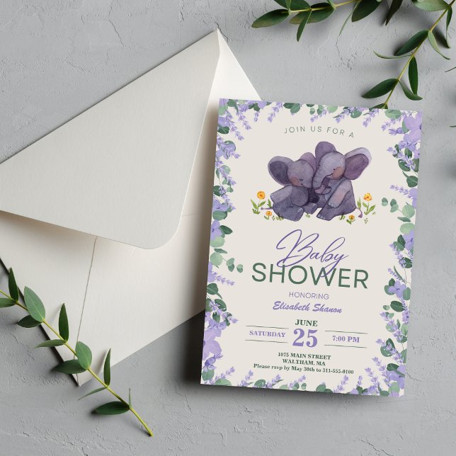 Adorable Purple & Green Floral Elephant Baby Showe Invitation (Adorable Purple & Green Floral Elephant Baby Showe Invitation)