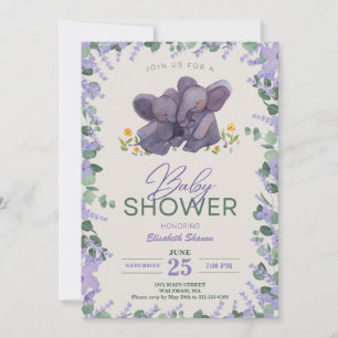 Adorable Purple & Green Floral Elephant Baby Showe Invitation