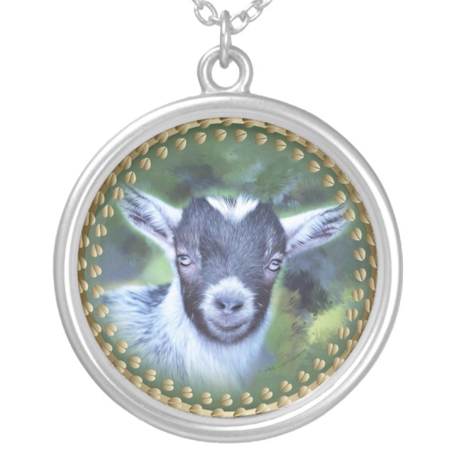 Adorable Pygmy Goat Painted Portrait Silver Plated Necklace (Front)