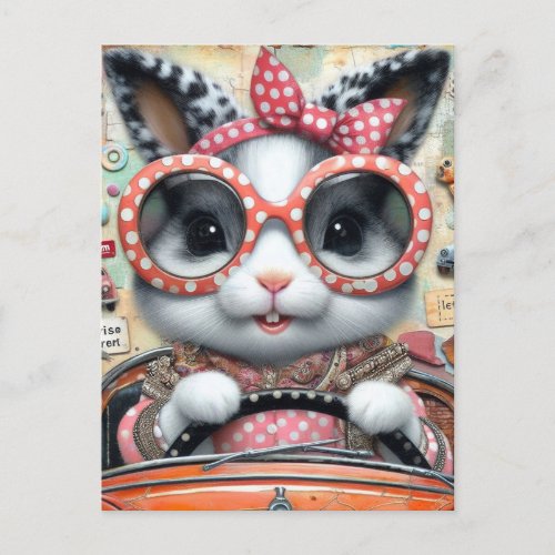 Adorable Rabbit Driving a Car Collage Postcard