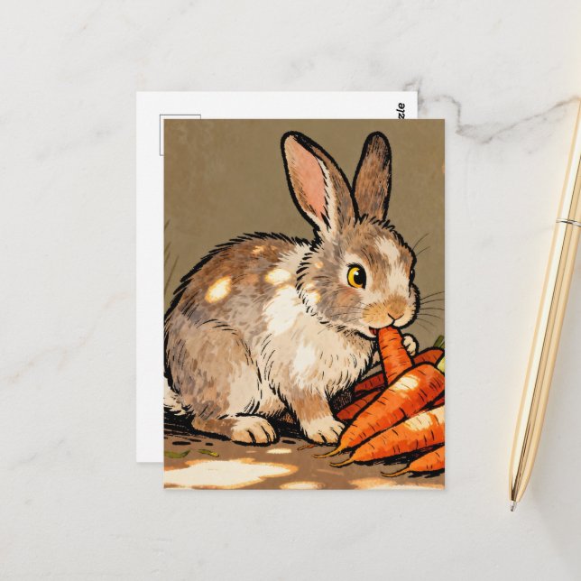 Adorable rabbit eating carrots postcard (Front/Back In Situ)