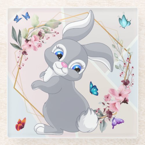Adorable Rabbit Flower Butterflies Themed Glass Coaster