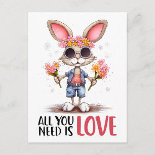 Adorable Rabbit Hippie All You Need is Love Postcard