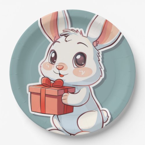 Adorable Rabbit Holding Gift Birthday Paper Plate