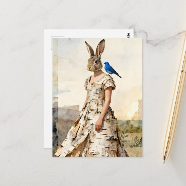 Adorable rabbit in birch bark dress with bluebird postcard (Front/Back In Situ)