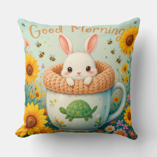Adorable Rabbit in Mug Surrounded by Sunflowers Throw Pillow