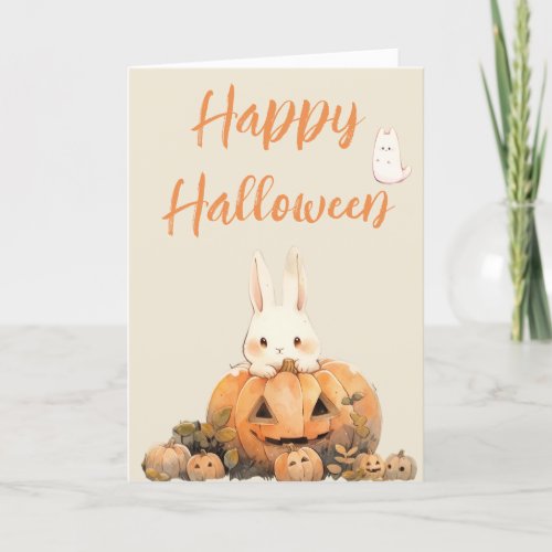 Adorable Rabbit in Pumpkin Patch 2 Halloween  Holiday Card