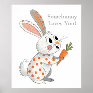 Adorable Rabbit Orange & White Playful Bunny Art Poster