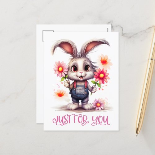 Adorable Rabbit With Flowers Just For You Postcard