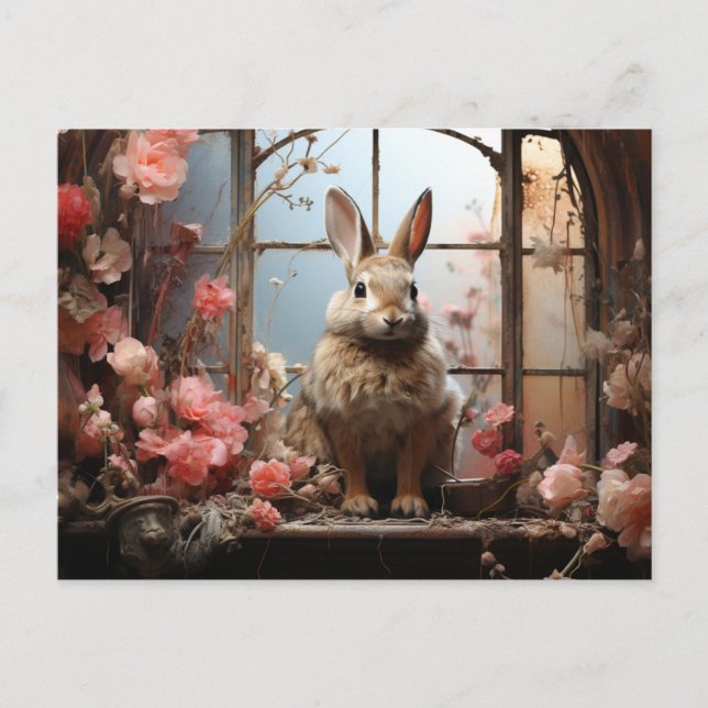Adorable Rabbit with Pink Flowers Postcard (Front)
