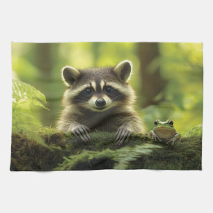 Adorable Raccoon and Frog Peeking Over Mossy Log i Kitchen Towel