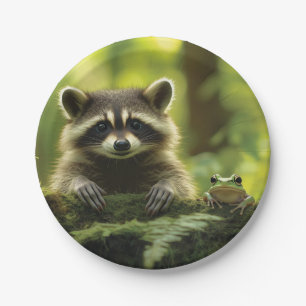 Adorable Raccoon and Frog Peeking Over Mossy Log i Paper Plates