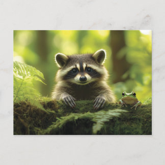 Adorable Raccoon and Frog Peeking Over Mossy Log i Postcard