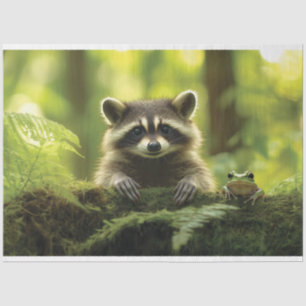 Adorable Raccoon and Frog Peeking Over Mossy Log i Tissue Paper