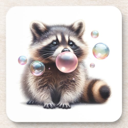 Adorable Raccoon Blowing Bubble Gum  Beverage Coaster