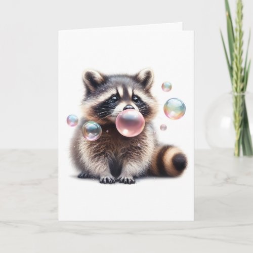 Adorable Raccoon Blowing Bubble Gum Blank Greeting Card