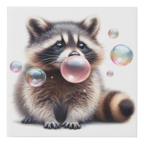 Adorable Raccoon Blowing Bubble Gum  Faux Canvas Print