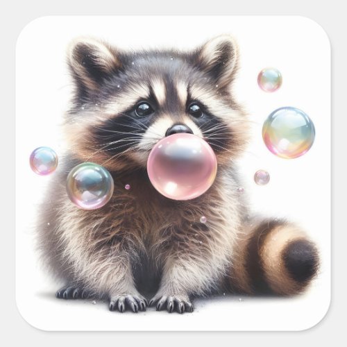 Adorable Raccoon Blowing Bubble Gum  Square Sticker