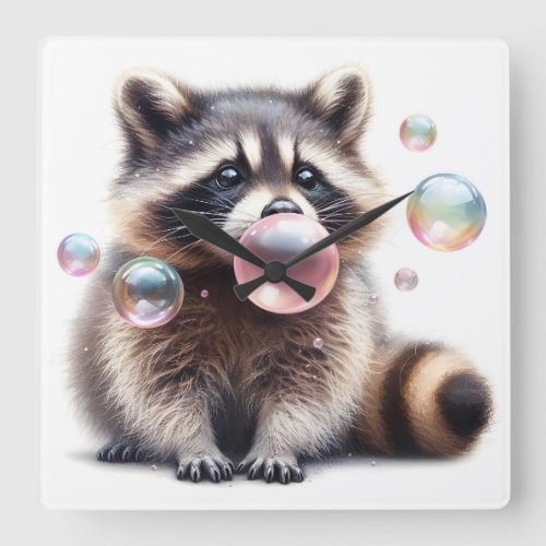 Adorable Raccoon Blowing Bubble Gum  Square Wall Clock