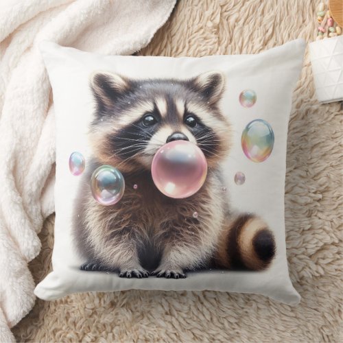 Adorable Raccoon Blowing Bubble Gum  Throw Pillow