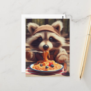 Adorable Raccoon Eats Spaghetti Postcard
